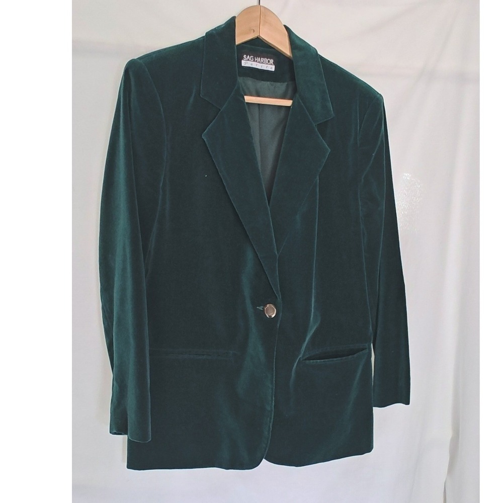 Sag Harbor Blazer Forest Emerald Dark Green Velvet Cotton Petite 6